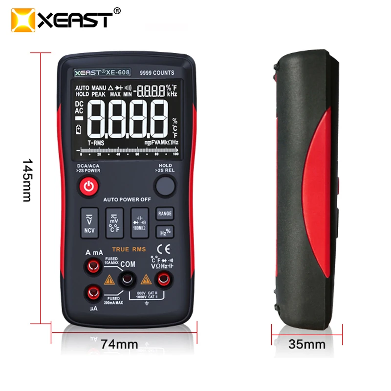 

XEAST XE-608 True-RMS Digital Multimeter Button 9999 Counts With Analog Bar Graph AC/DC Voltage Ammeter Current Ohm Auto/Manual