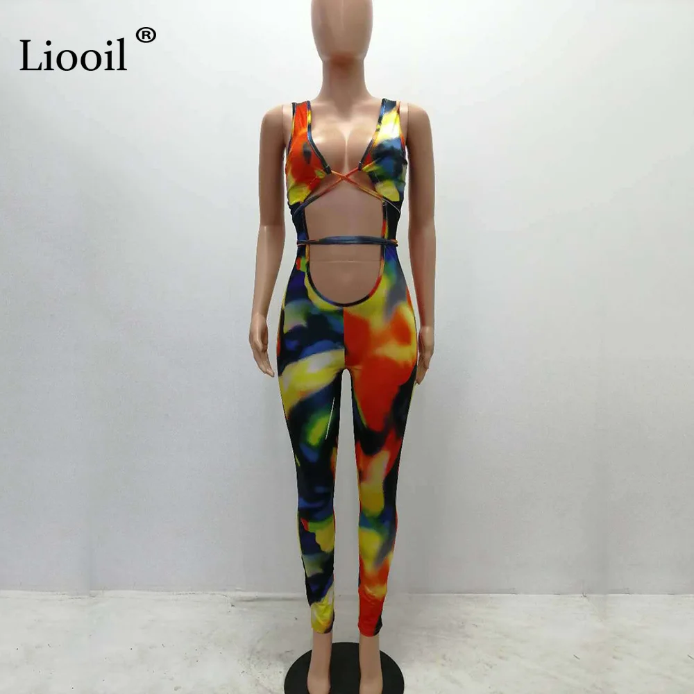 Liooil Tie Dye сексуальный комбинезон Колготки Клубные наряды одежда V образным вырезом праздничные вечерние облегающие Комбинезоны Женский комбинезон