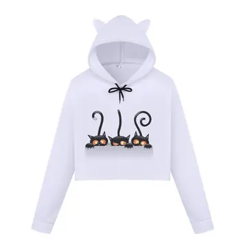 

Womens Cat Cute Sweatshirts Harajuku Hoodies Crop Tops Kpop Long Sleeve Kawaii Cropped Sweatshirt Hooded Pullover Vetement Femme