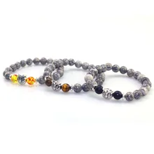 Прекрасный сплав Серебряный Сова браслет 8 мм натуральный серый карта Бусины Из Камня Браслеты и браслеты животных Ювелирные изделия для женщин и мужчин