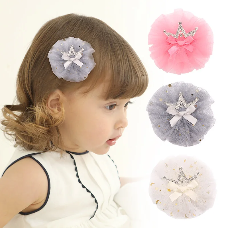 

Baby Crown Mesh Hair Clips Ribbon Hairpins for Girls Kids Diamond Princess Barrette Child Birthday Party Duckbill Clip Gift