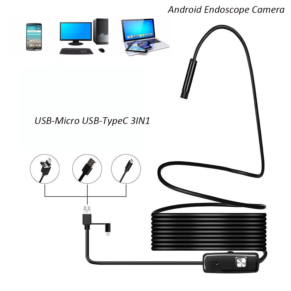 

5.5mm Lens 1/2/3.5/5m Type-c/USB Android Endoscope Camera Led Light Hook Magnet Tool Inspection Mini Endoscope For PC and Phone
