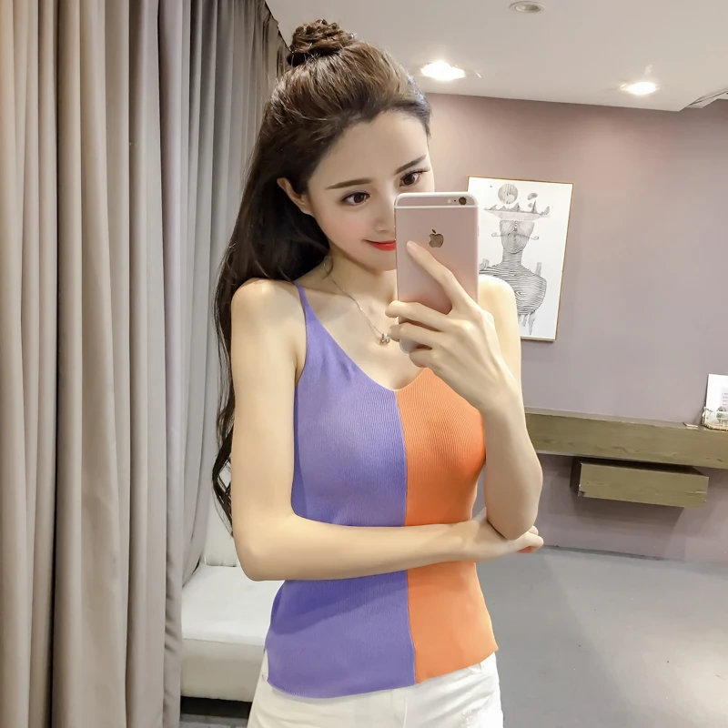 

EAD Women Summer Sexy Strappy Cami Top Splice Multicolor Sleeveless Female Tank Tops Good Quality Elastic Knitted V Neck Vest