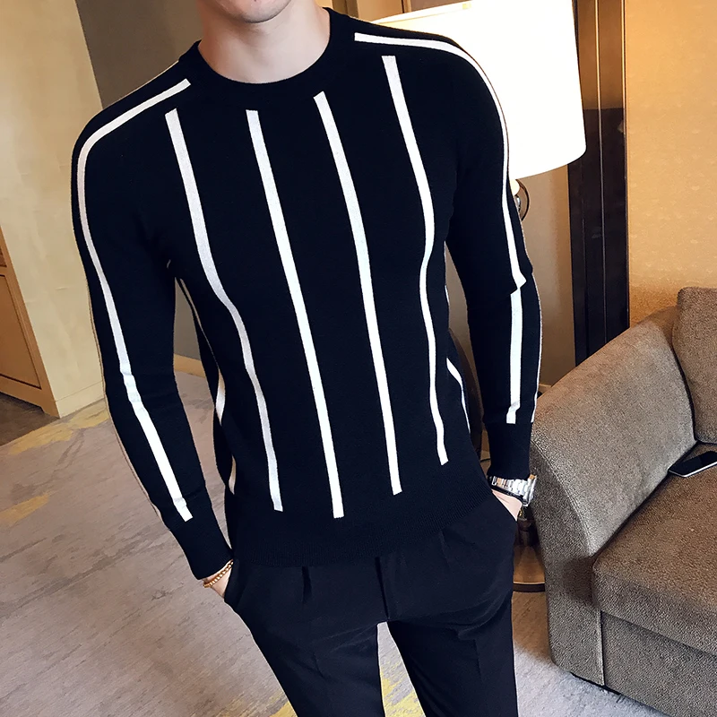 

2019 Autumn and Winter Mens Fashion Striped Boutique Wool Blend Casual Round Neck Knitted Sweaters / Mens Slim Warm Sweater