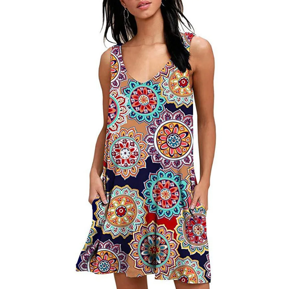 Женское Ретро повседневное свободное v образным вырезом без рукавов Летнее мини