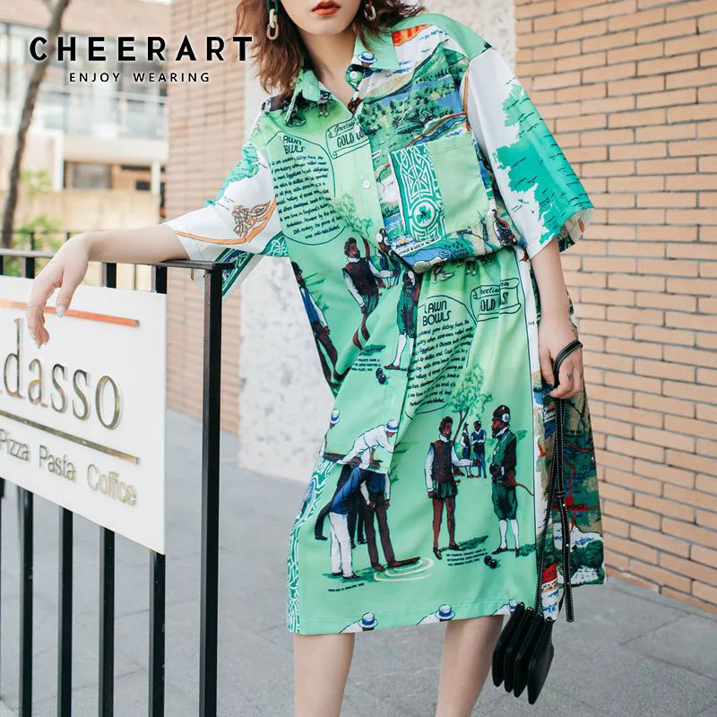 Cheerart, длинное зеленое платье-рубашка, женское, плюс размер, свободное, с рисунком карты, с коротким рукавом, летнее платье,, высокая уличная мода