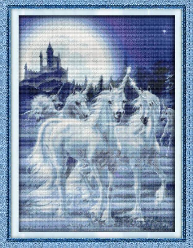 Unicorn cross stitch kit 14ct 11ct pre stamped canvas cross stitching