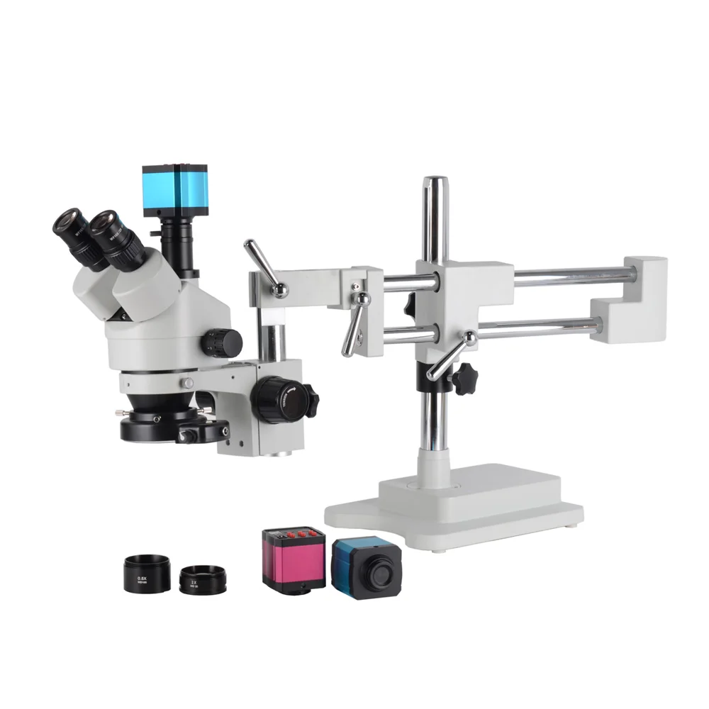 

3.5X-90X Simul-Focal Double Boom Stand Stereo Trinocular Microscope 14MP HDMI Camera 144pcs Led Microscope Accessories