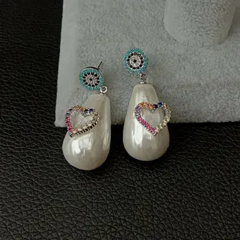 

White teardrop Sea Shell Pearl Cz pave Heart shaped Earrings