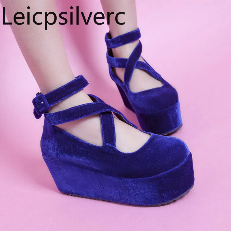 

Pumps Spring and autumn new style Flock Round head Shallow mouth Buckle zipper Wedges Women's single shoe plus size 34-39