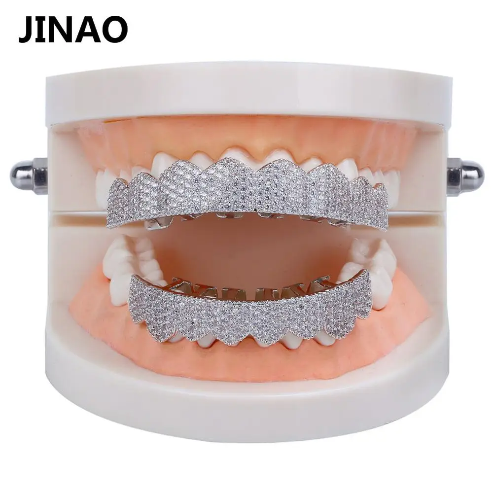 JINAO Золото Серебро Цвет Iced Out золото Grillz Кристалл ювелирные изделия верхнее дно грили зубы ювелирные изделия для тела хип-хоп Bling AAA кубический циркон - Окраска металла: Silver