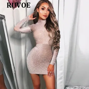 

2019 New Arrival Long Sleeve Nude Pearls Mini Bodycon Celebrity Party Dress Cocktail Night Club Women Dresses Dropshipping R-80