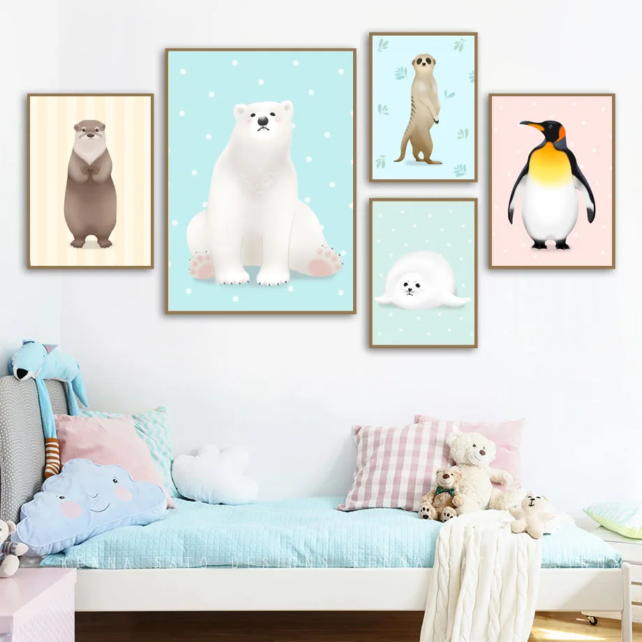 Cartoon-Penguin-Bear-Sea-Lion-Animal-Nordic-Posters-And-Prints-Wall-Art-Canvas-Painting-Nursery-Wall