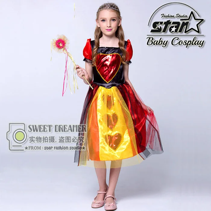 Alice in Wonderland Cosplay Costume Children Girls Queen Of Hearts Dress Red Queen Kids Halloween Patchwork Princess Costume