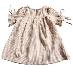 Краткое плед детское платье для девочек кружевные манжеты затянуть с короткими рукавами для малышей эластичный пояс костюм 1-6Years