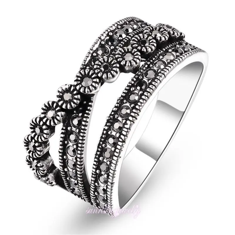 

Free Shipping >> Retro vintage black crystal marcasite Twisted Flower ring silver tone R525
