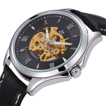 

SHENHUA New Number Dress Design Black Leather Strap Male Mechanical Watches Montre Homme Clock Men Automatic Skeleton Watch