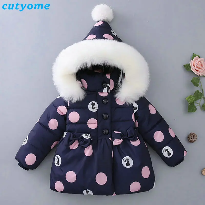 

Winter Baby Kids Girls Down Coat Clothes With Faux Fur Hooded Thicken Parkas Outerwear Warm Children Girl Cat Printed Down Coat