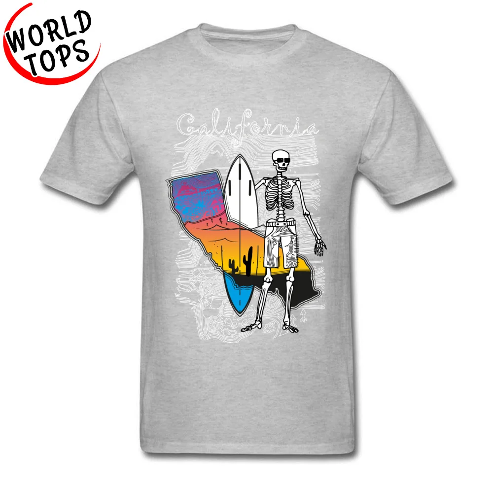 Map of California Surfing Skeleton Tshirts Dominant Short Sleeve Fitness Tight Cotton Crewneck Men T Shirt Tops Shirt Father Day Map of California Surfing Skeleton grey