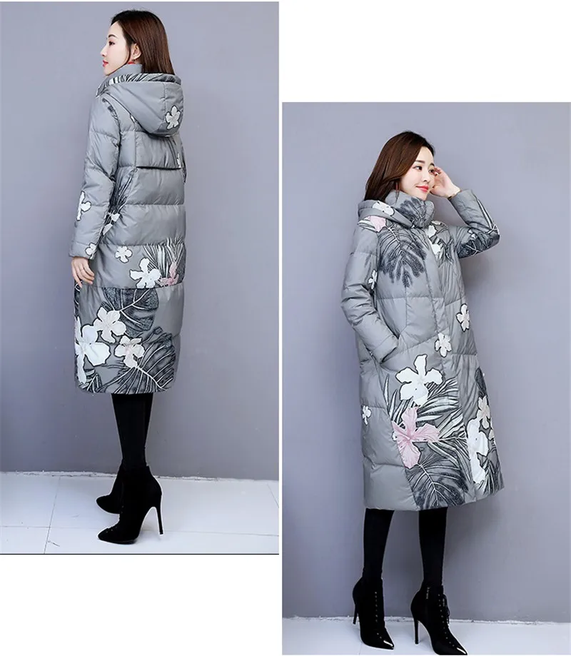 Winter Long Jacket Coat Women Parkas Thicken Warm Vintage Print Down Cotton Jacket Large Size Hooded Outerwear Female Basic Coat