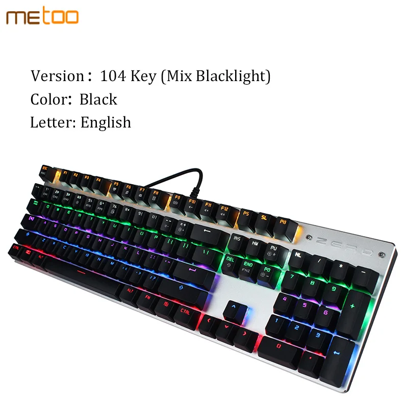 Оригинальная игровая механическая клавиатура Metoo, светодиодный, с подсветкой, 87/104 клавиш, красный/синий/черный, металлический переключатель, проводная клавиатура+ подарок - Цвет: English 104Key