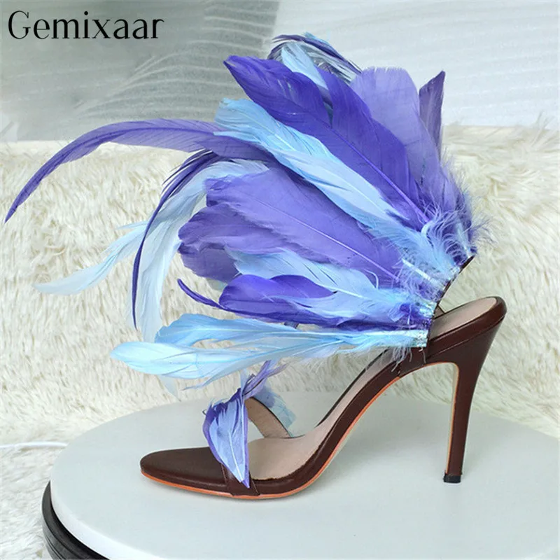 Picture Coloful Nouveauté T Fourrure Stilettor Hauts T De À Sandales Défilé Ouvert spectacle Femmes Bout Partie En Talons Plume Cuir As sangle Mince Chaussures nZFwSxgnd