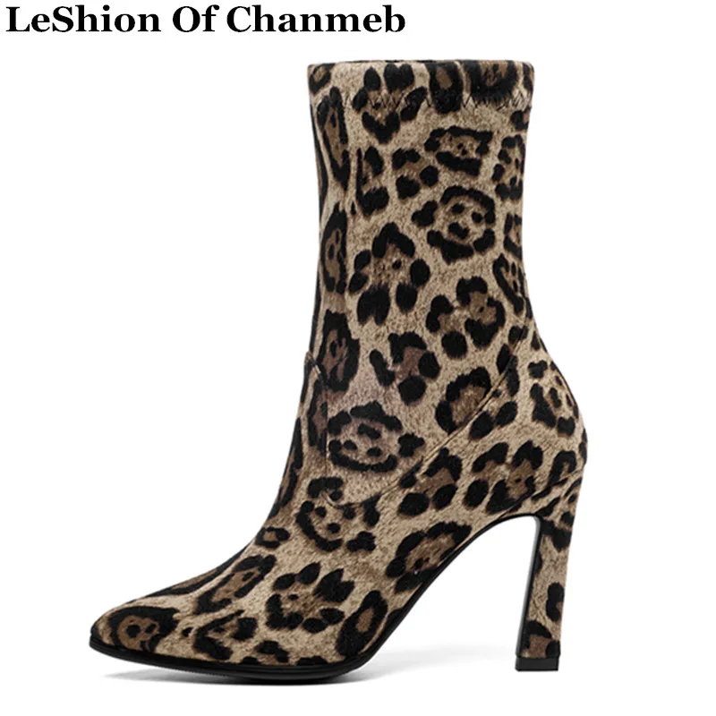 

Size 34-43 brand designer shoes sexy thin high heels pointed toe leopard boots for women ladies socks boots all season leopard