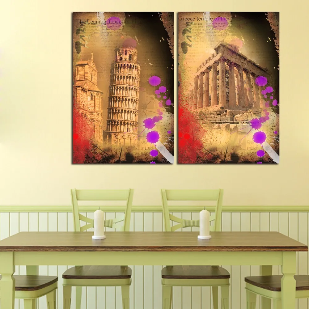 Us 8 98 48 Off Newest Design Vintage Greece Temple Scenery Canvas Painting Printed Leaning Tower Landscape Poster Modern Home Living Room Decor In