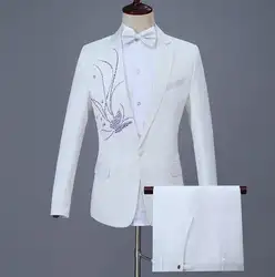 2019 Новое поступление тонкий белый сценический мужской костюм с брюками мужские свадебные костюмы яркий бриллиант торжественное платье