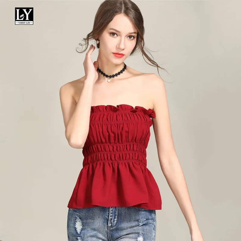 

Ly Varey Lin Women Strapless Ruffle Tube Top Solid Color Summer Sexy Bodycon Chiffon Top Black Red White Elastic Tops Femme