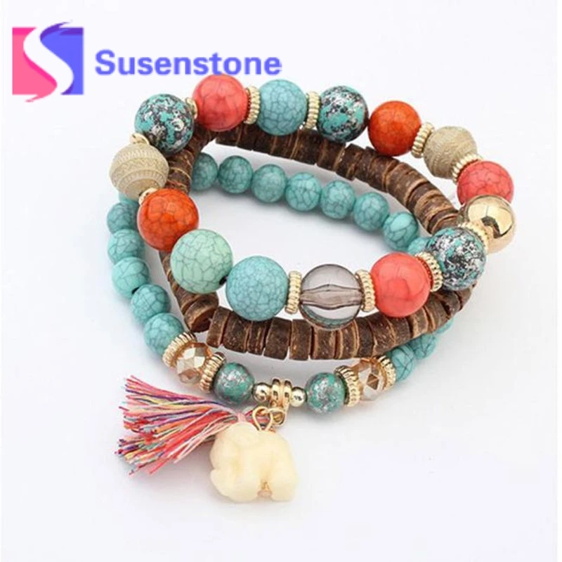 

3Pcs/Set Womens Fashion Jewelry Bracelet Set Boho Multilayer Acrylic Beads Multicolor Handmade Beach Elastic Bracelets Wholesale