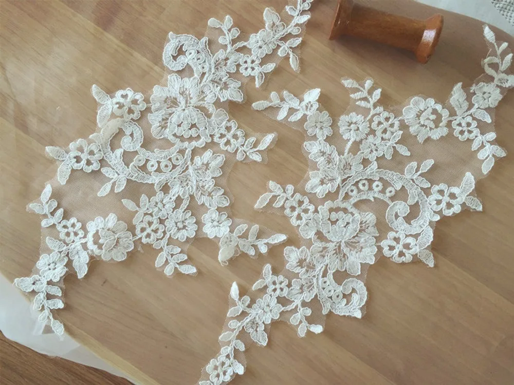 

5 pairs Ivory Cotton Aencon Bridal Lace Applique Pair , Wedding Applique for Bridal Wedding Accessories , Garters, Veils, Gowns