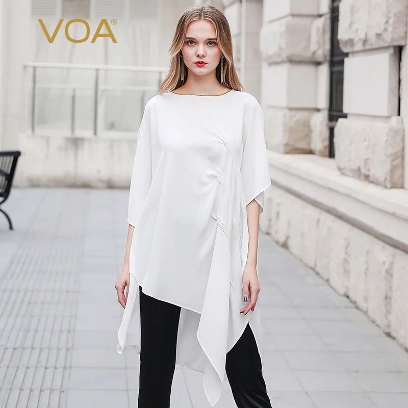 

VOA Pure white Silk Asymmetric design Bright line decoration Medium and long section Wild Loose pullover T-shirt female B936