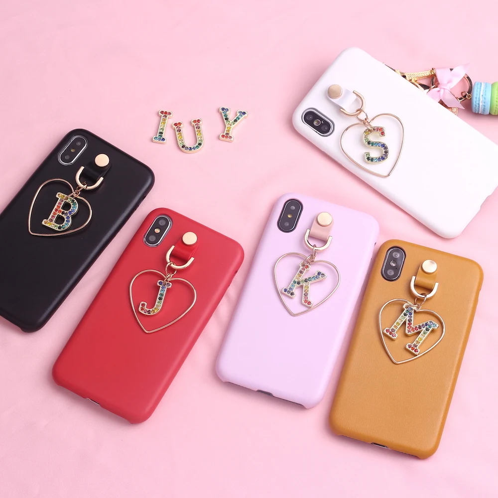 

Heart Gold Pendant Gold Rhinestone Diamond Customized Initial For iPhone 6S XS Max XR 7 7Plus 8 8Plus X Smooth Slim Leather Case