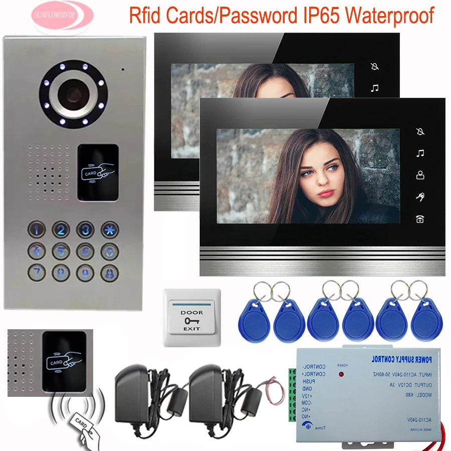 

New 7" Color Video Door Phone Intercom System Inductive Card 2 Apartments Touch Button Home Phone Intercoms IP65 Waterproof Kit