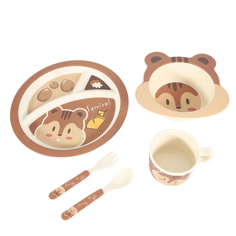 5Pcs Cartoon Bamboo Tableware Animal Baby Feeding Food Bowl Infant Kids Plate Eco-friendly Cute Children Baby Eating Food Bowl