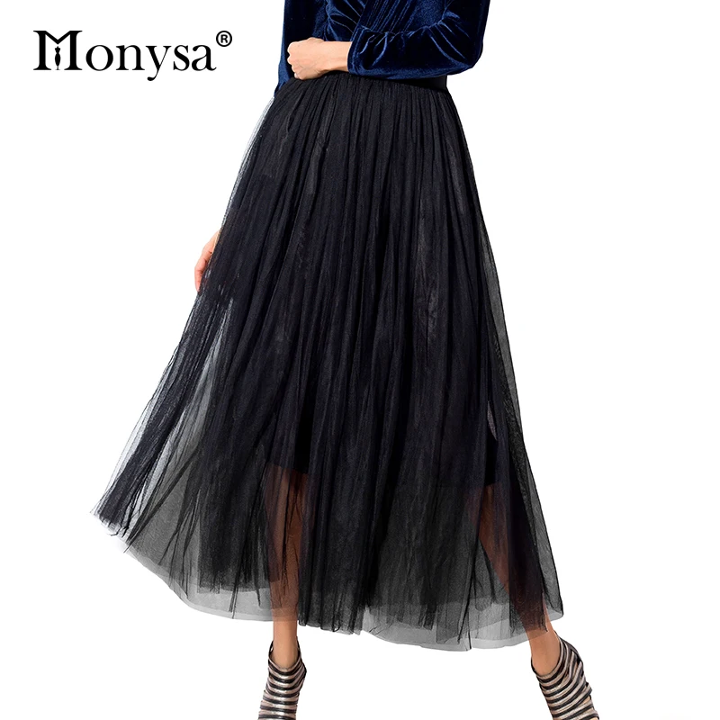 

Long Tulle Skirts Womens 2018 New Fashion Elegant High Waist Mesh Pleated Skirt Women Midi Tutu Skirt White Black Gray Clothing