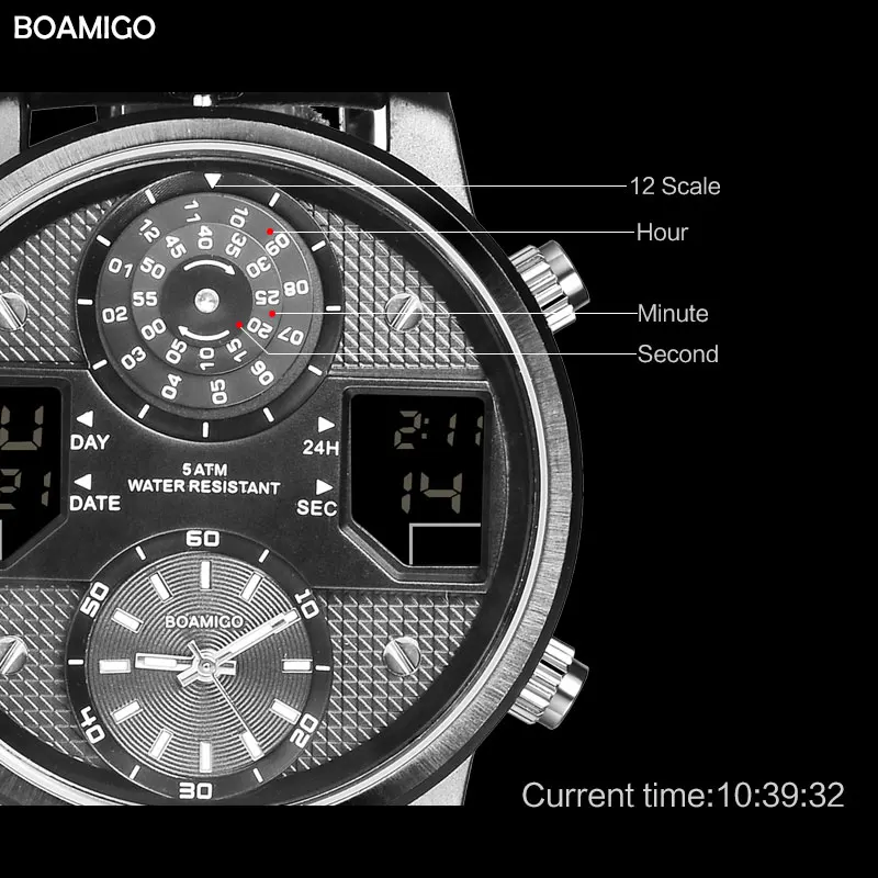 BOAMIGO Для мужчин кварцевые часы с 3-поясным временем и творческий светодиодный цифровые спортивные часы мужские кожаные Наручные часы мужские часы Relogio Masculino