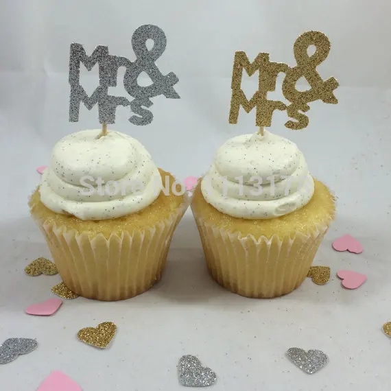 Glitter Mr Mrs Cupcake Toppers .wedding party bridal shower Cupcake