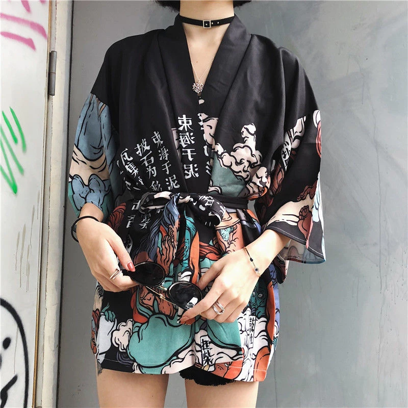 Women Kimono Jacket Outwear 3/4 Sleeve Japanese Style Printed Loose Tops Harajuku Girl Streetwear Vintage Coat Summer 226-126