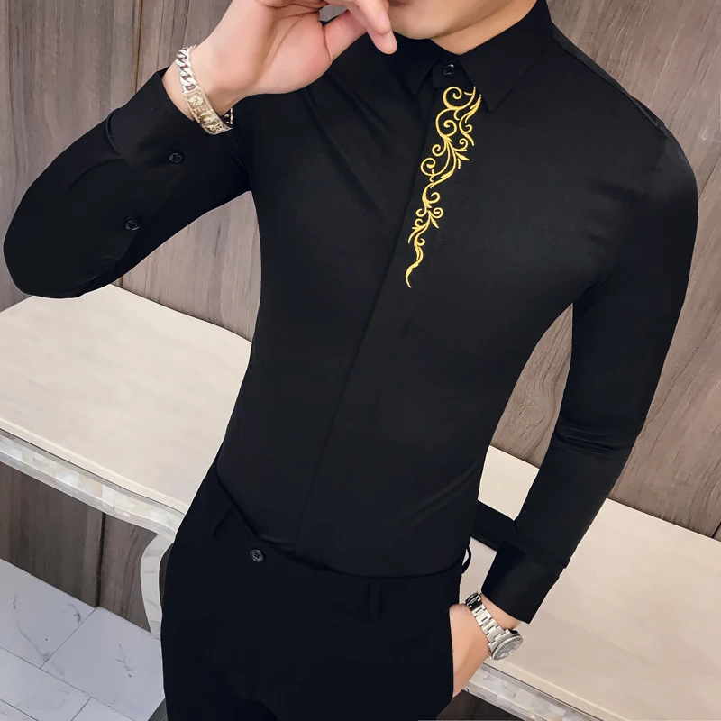 Весенняя вышитая приталенная рубашка с длинным рукавом для мужчин, Клубная рубашка для выпускного вечера, Camisa Masculina, роскошная Корейская мужская рубашка Kemeja Pria - Цвет: Black