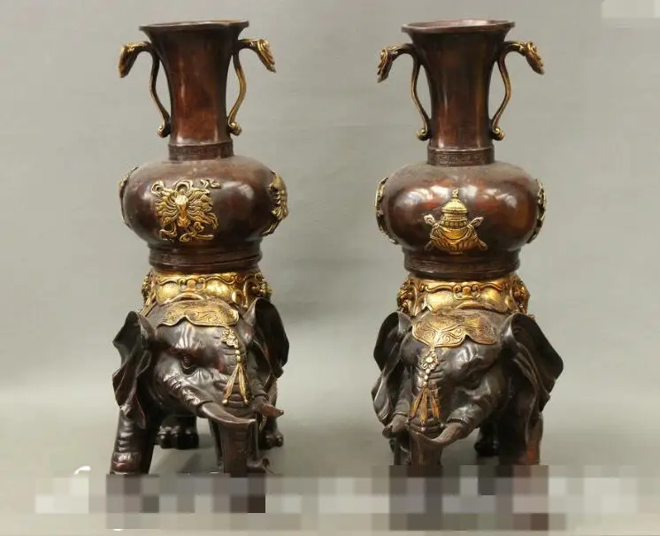 

S03361 17"China Bronze Gilt 8 Auspicious Symbol Elephant RuYi Statue Zun Vase Pot Pair