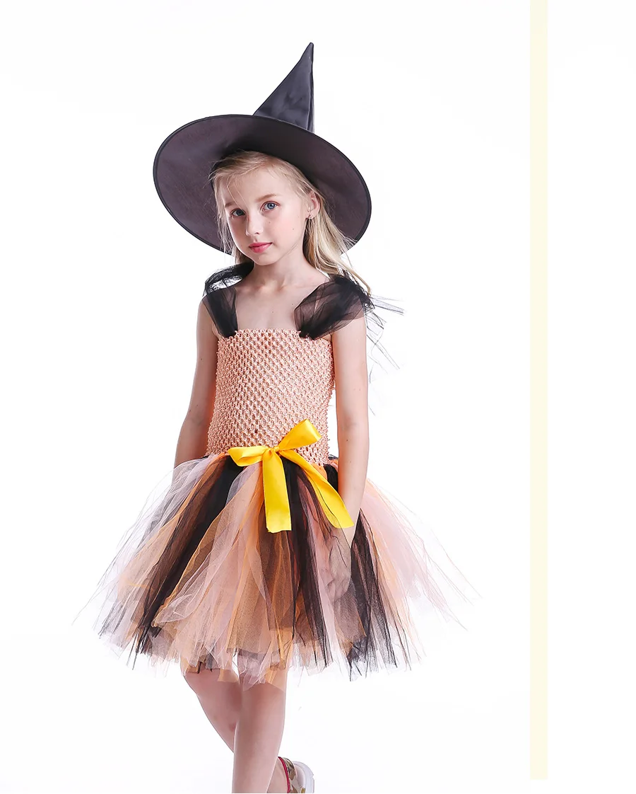 Girls Halloween Tutu Dress with Witch Hat Princess Tulle Kids Carnival Party Costume Knee-Length Handmade Children Clothing (7)