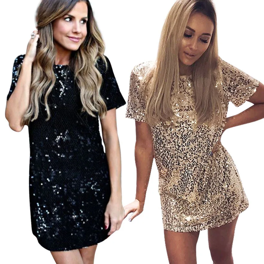 

Sequins Gold Dress 2019 Summer Women Sexy Short T Shirt Dress Evening Party Elegant Club Dresses