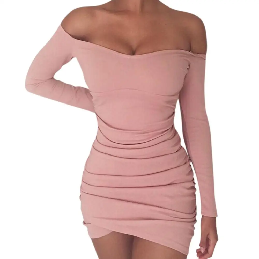 

Yfashion Women Sexy Slim Pleated Dress Off Shoulder Strapless Dress