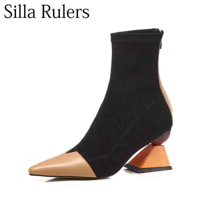 

Silla Rulers 2018 New Autumn Elastic Boots Strange Style Pointed Toe High Heel Ladies Ankle Boots Sexy Sock Boots Women Boots