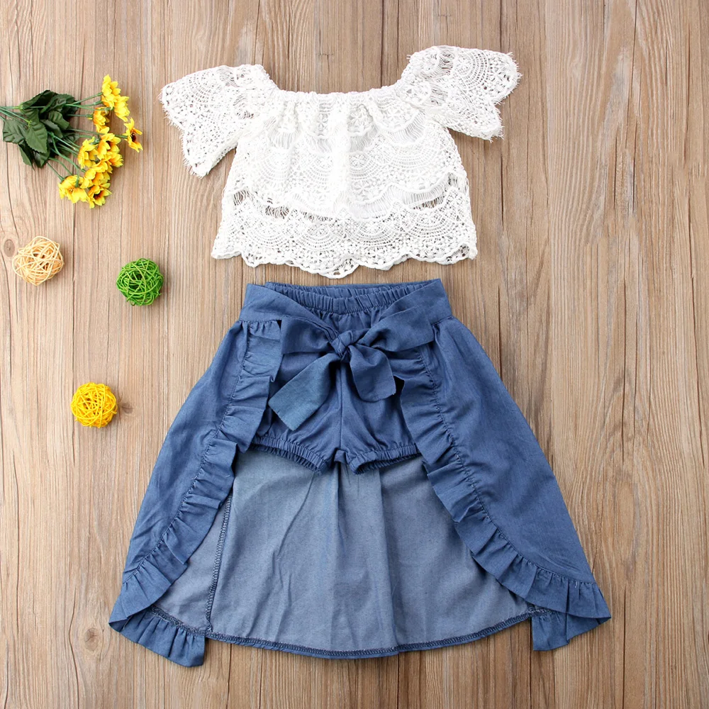 Toddler Baby Girl Lace Flower Off Shoulder Crop Top Denim Shorts Maxi Skirt Outfits Summer Clothes Set