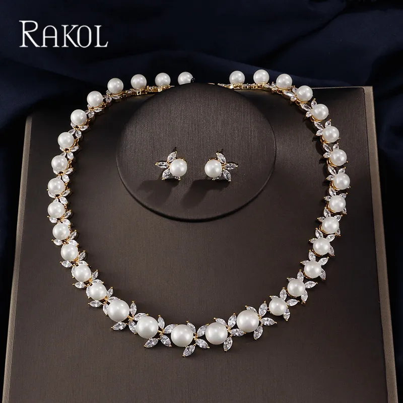 

RAKOL Fashion Pearl and AAA Clear Cubic Zircon Wedding Jewelry Set ,Earrings Necklace Bridal Set,Promotion,Nickel Free, Factory