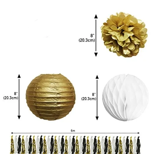 16 шт. черно-белое и золотое украшение включает в себя фонарики соты бумажные шары помпоны кисточка баннер и круг баннер