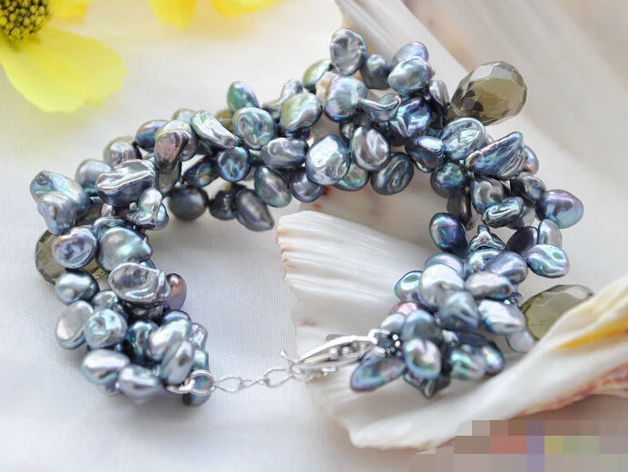 

FREE SHIPPING>>>@@ 1068 4row black lamina keshi pearl drip faceted smoky quartz bracelet